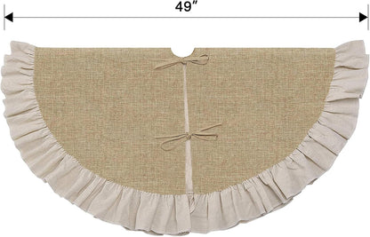 48" Burlap Fall Christmas Tree Skirt with Ruffle Border, Beach Farmhouse Tree Skirt Linen Rustic Tree Ornaments for Christmas Thanksgiving Holiday Party Decorations