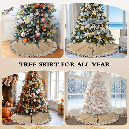 48" Burlap Fall Christmas Tree Skirt with Ruffle Border, Beach Farmhouse Tree Skirt Linen Rustic Tree Ornaments for Christmas Thanksgiving Holiday Party Decorations