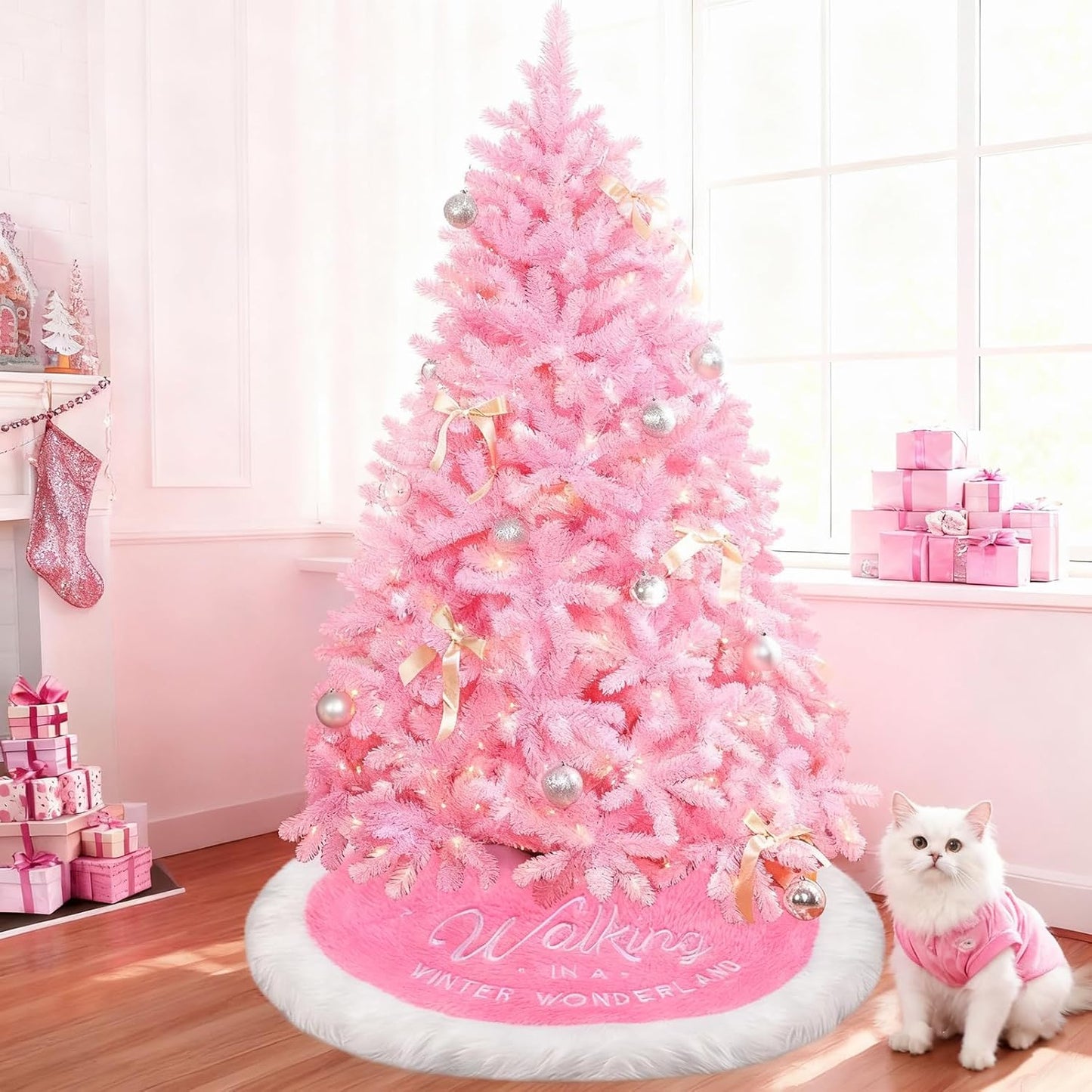 Pink Christmas Tree Skirt Tree Skirt, 36" Faux Fur Christmas Tree Skirt Rug for Pink Christmas Decor Decorations for Home