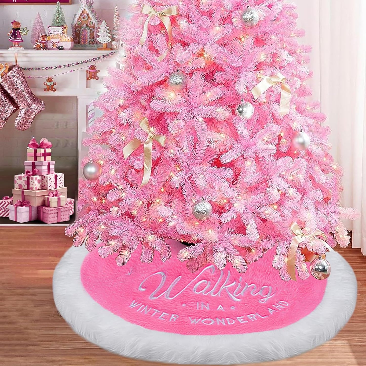 Pink Christmas Tree Skirt Tree Skirt, 36" Faux Fur Christmas Tree Skirt Rug for Pink Christmas Decor Decorations for Home