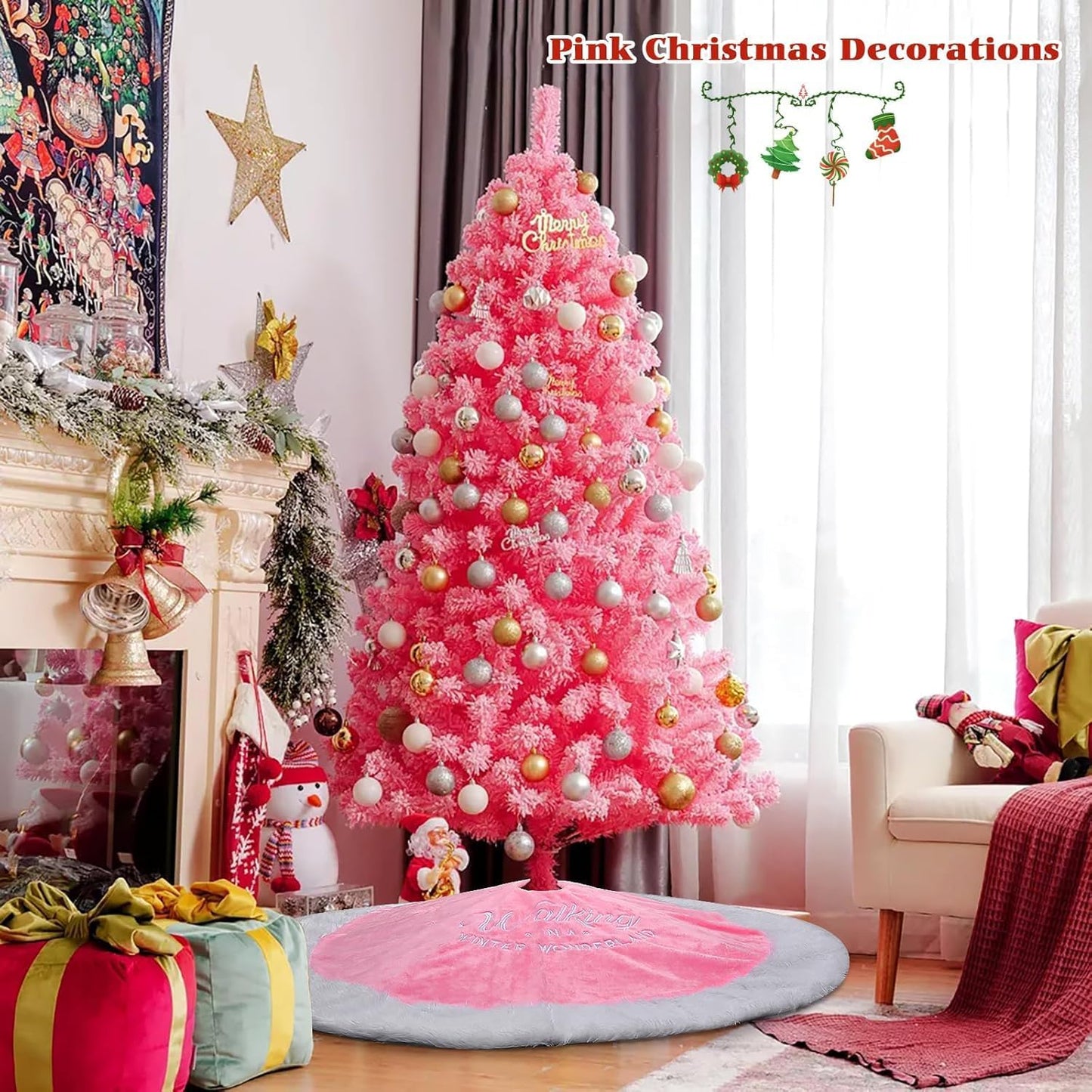 Pink Christmas Tree Skirt Tree Skirt, 36" Faux Fur Christmas Tree Skirt Rug for Pink Christmas Decor Decorations for Home