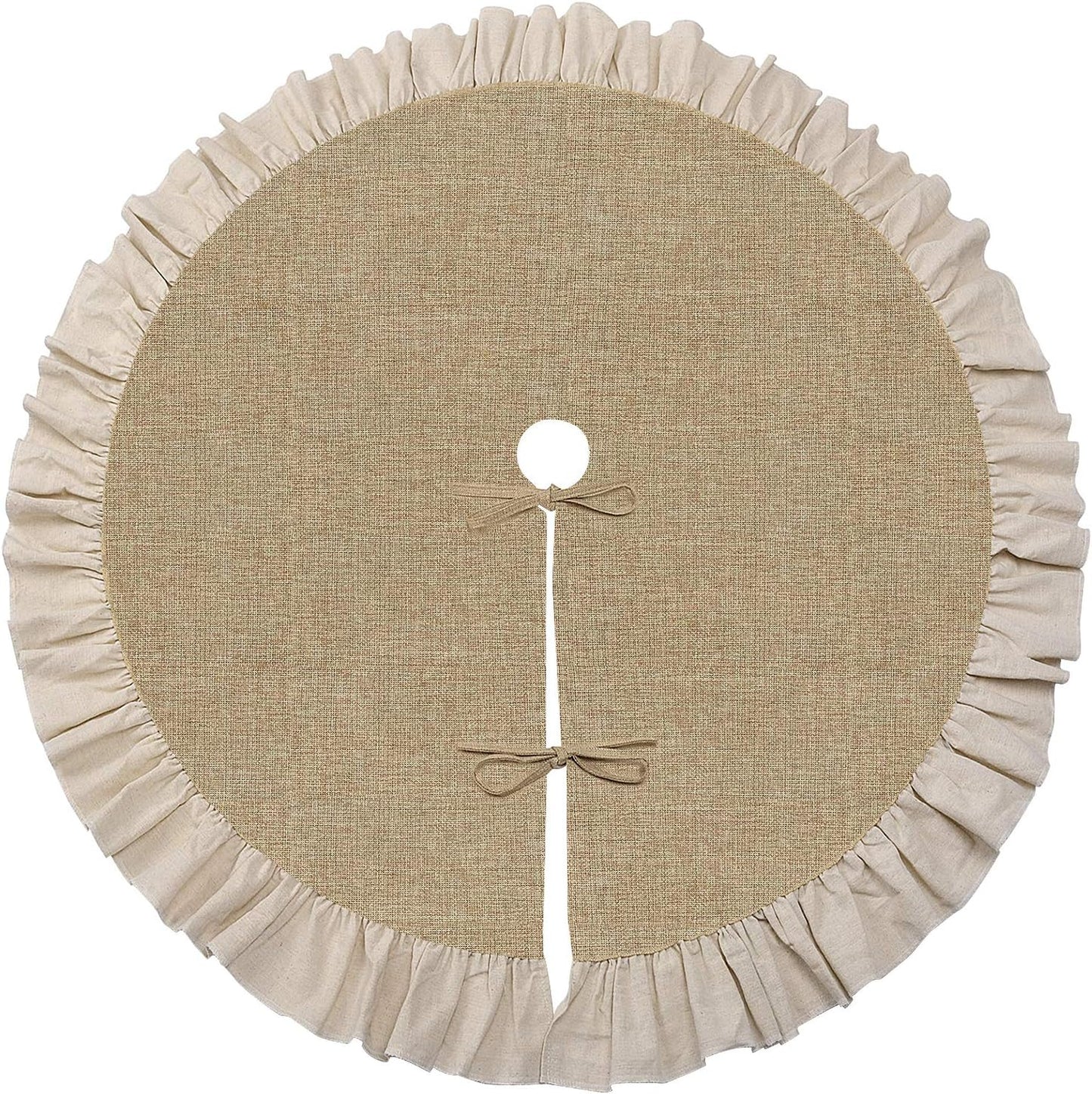 48" Burlap Fall Christmas Tree Skirt with Ruffle Border, Beach Farmhouse Tree Skirt Linen Rustic Tree Ornaments for Christmas Thanksgiving Holiday Party Decorations
