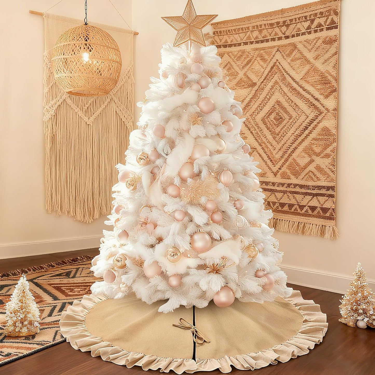 48" Burlap Fall Christmas Tree Skirt with Ruffle Border, Beach Farmhouse Tree Skirt Linen Rustic Tree Ornaments for Christmas Thanksgiving Holiday Party Decorations