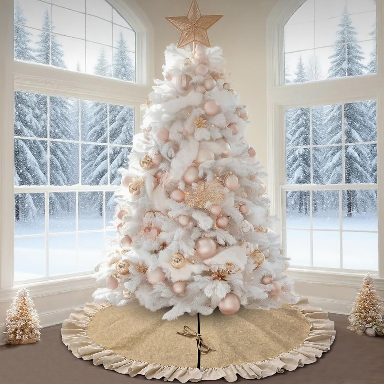 48" Burlap Fall Christmas Tree Skirt with Ruffle Border, Beach Farmhouse Tree Skirt Linen Rustic Tree Ornaments for Christmas Thanksgiving Holiday Party Decorations